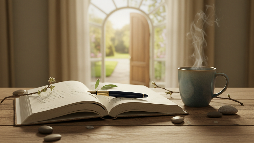 Close-up view of a journal and pen on a wooden table
