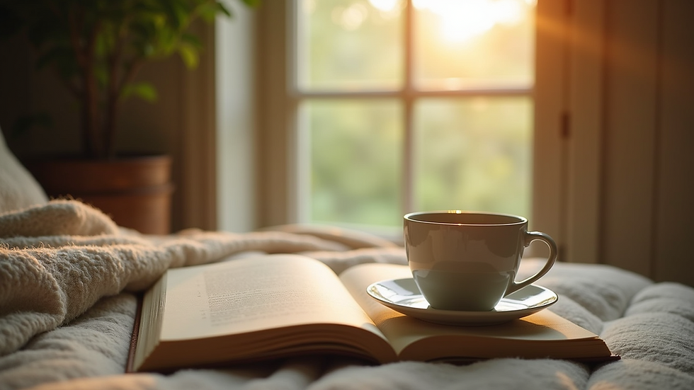 Eye-level view of a cozy reading nook with a journal and cup of tea