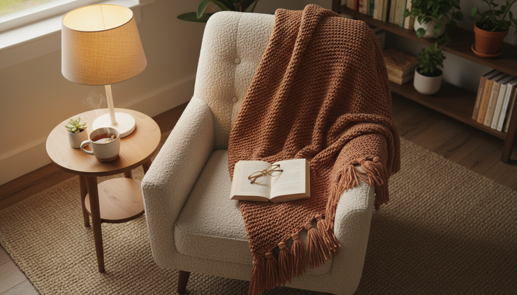 Overhead view of a cozy chair with a soft blanket, a book, and warm light nearby