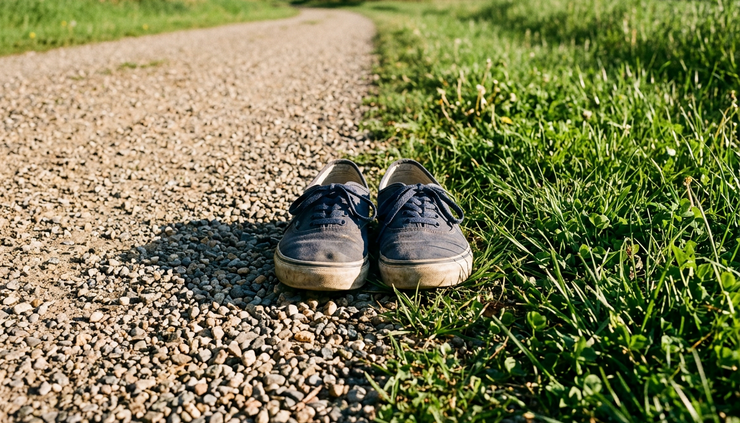 Overhead view of a pair of casual shoes paused at the edge of a sunlit path