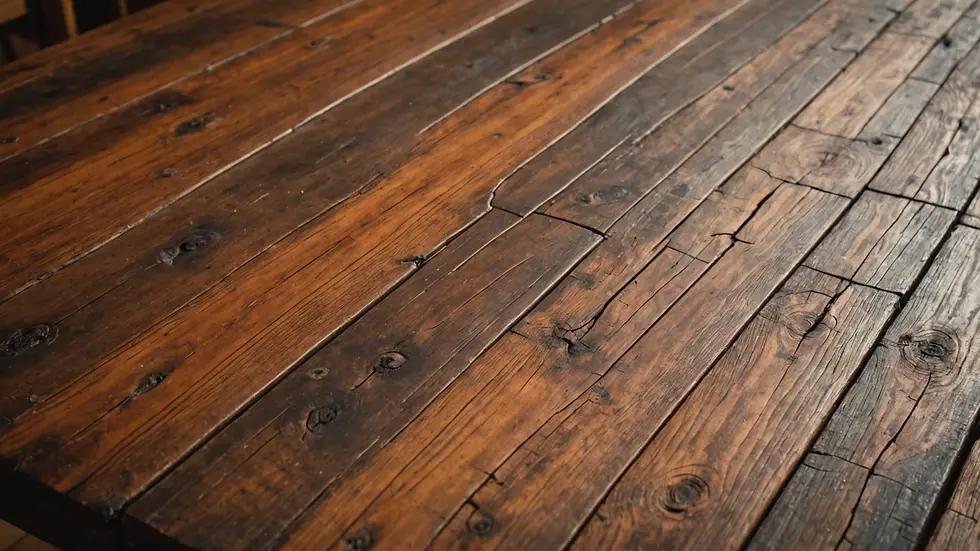 Close-up view of rustic reclaimed wood table