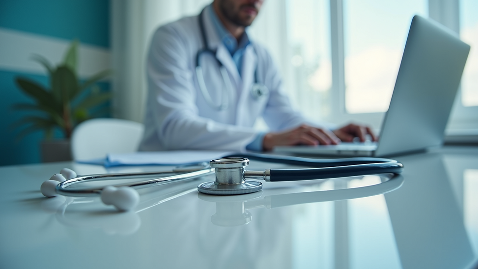 Eye-level view of a medical office with a stethoscope on a desk