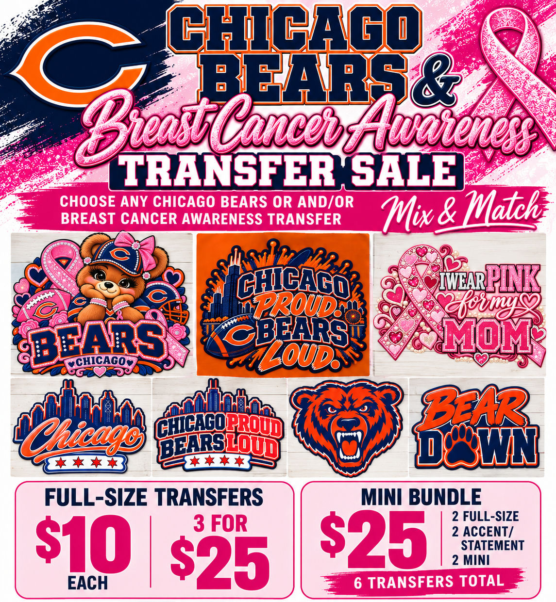 DTF Chicago Bears and Breast Cancer Awareness Transfer SALE