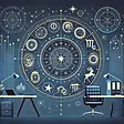 Roue du zodiaque sur fond bleu nuit, intégrée dans un cadre professionnel, symbolisant l'impact des signes astrologiques au travail