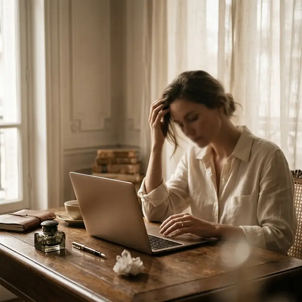 Ambiance sereine et réfléchie de voyance par email Astralis : une femme en lecture de sa guidance écrite, tons beiges et ivoire.