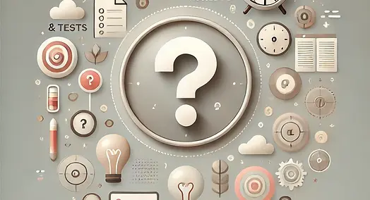 Design moderne et épuré représentant des éléments liés aux quiz et tests, avec des icônes de connaissance comme un point d'interrogation, une horloge et des symboles minimalistes