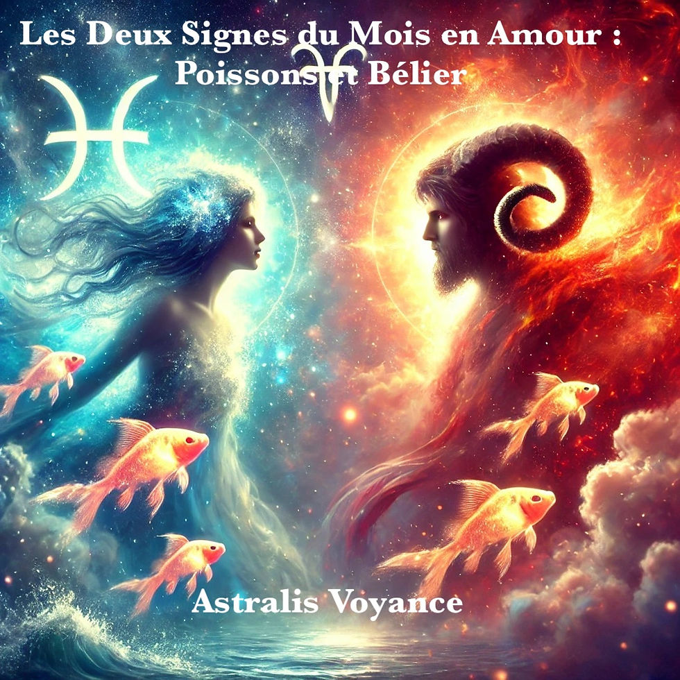 Illustration astrologique représentant l'amour entre les signes Poissons et Bélier. Une énergie cosmique mêle l’eau mystique du Poissons et le feu passionné du Bélier, créant une harmonie entre émotion et dynamisme.