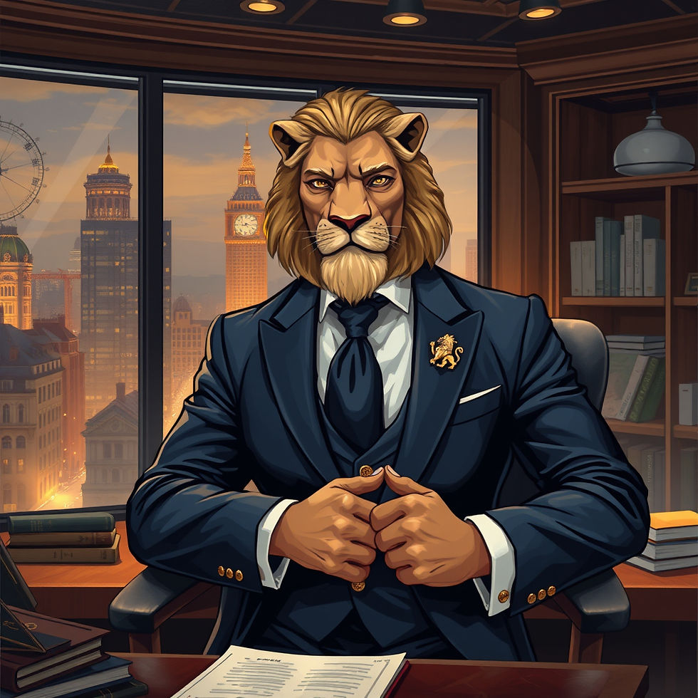 Illustration mystique d'un homme Lion leader dans son bureau pour l'article sur sa réussite professionnelle - Astralis Voyance.