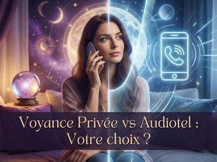 Femme au téléphone hésitant entre l'ambiance intimiste de la voyance privée et l'immédiateté de la voyance audiotel