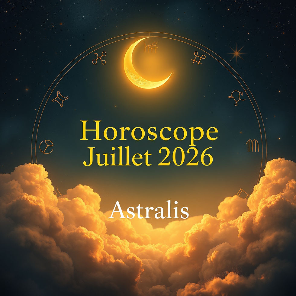 Bannière Horoscope Juillet 2026 Astralis Voyance avec illustration mystique de soleil, lune et constellations dorées.