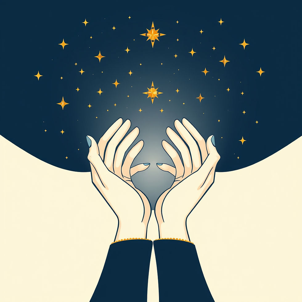 illustration minimaliste et luxueuse de deux mains bleu nuit entourées d'étoiles et de constellations dorées sur fond crème clair. Symbole de la compatibilité amoureuse astrologique.