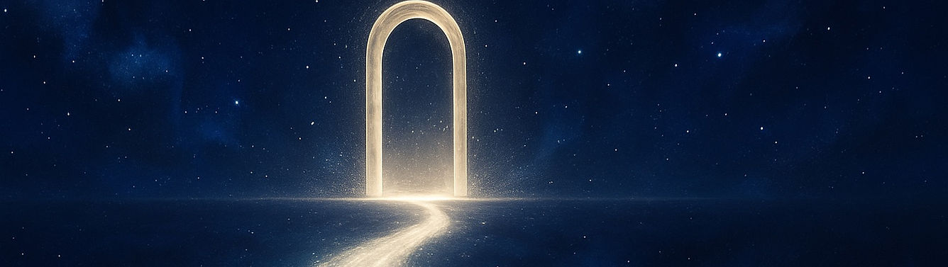 Chemin de lumière menant à une porte céleste ouverte sous un ciel étoilé, symbolisant l'accès gratuit à la voyance en 2025