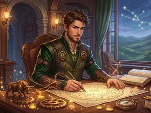 Illustration mystique d'un homme Taureau concentré dans son bureau pour l'article sur sa réussite professionnelle - Astralis Voyance.