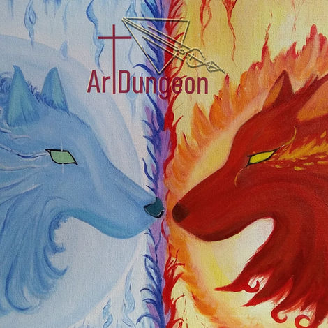 Sun Wolf vs Moon Wolf, Acrylic/Watercolor on Canvas