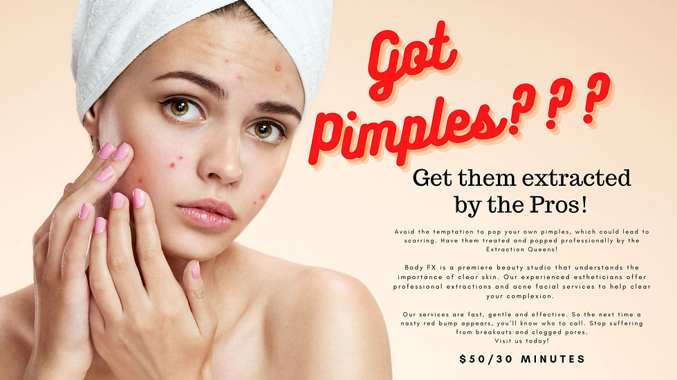 Body FX Houston acne extraction and pimple popping treatment, removing clogged pores, blackheads, and blemishes to reveal smoother, healthier skin.