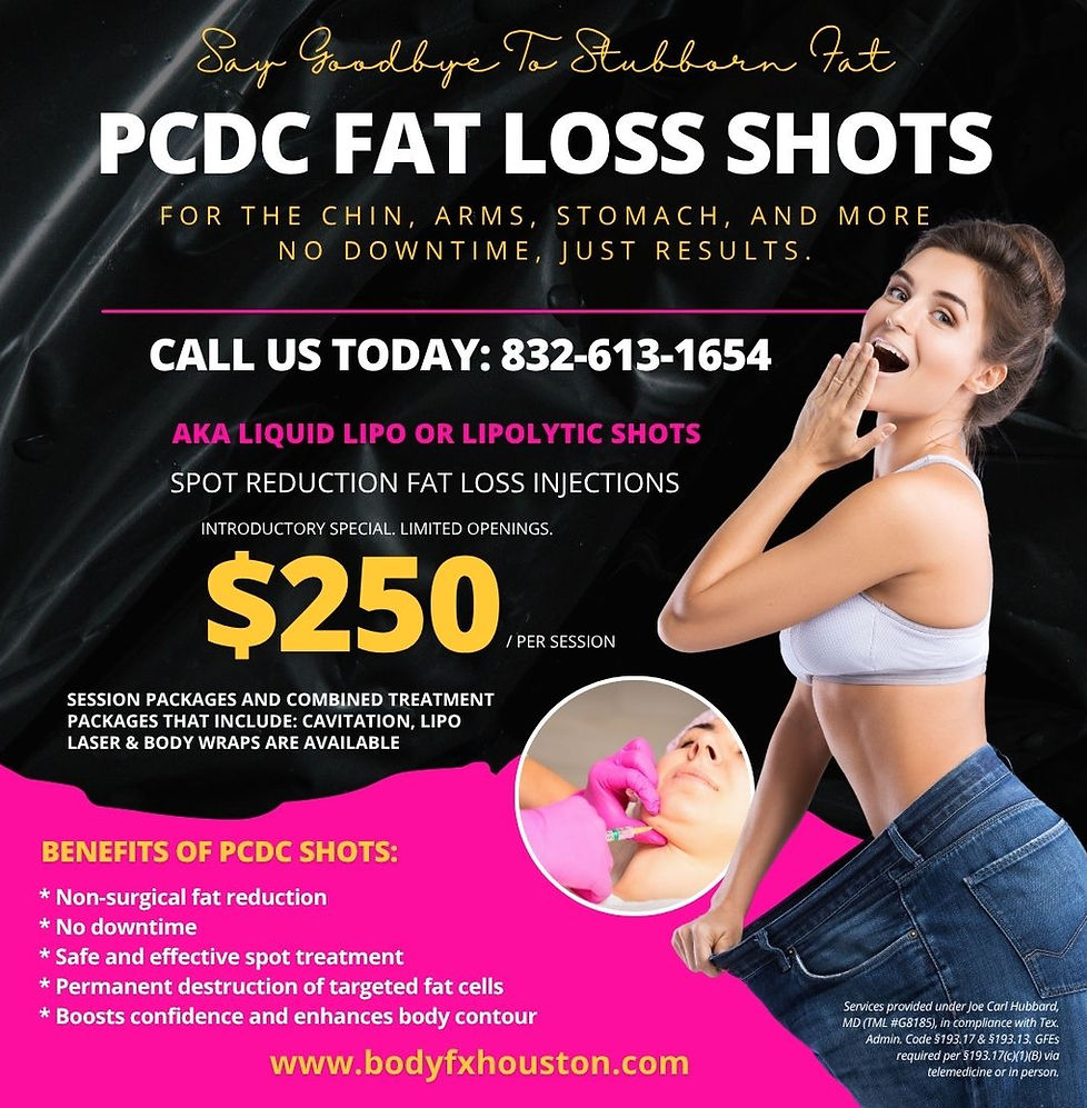 Non-surgical fat loss treatment for double chin, stomach, thighs, bra rolls and other areas with PCDC shots at Body FX Houston