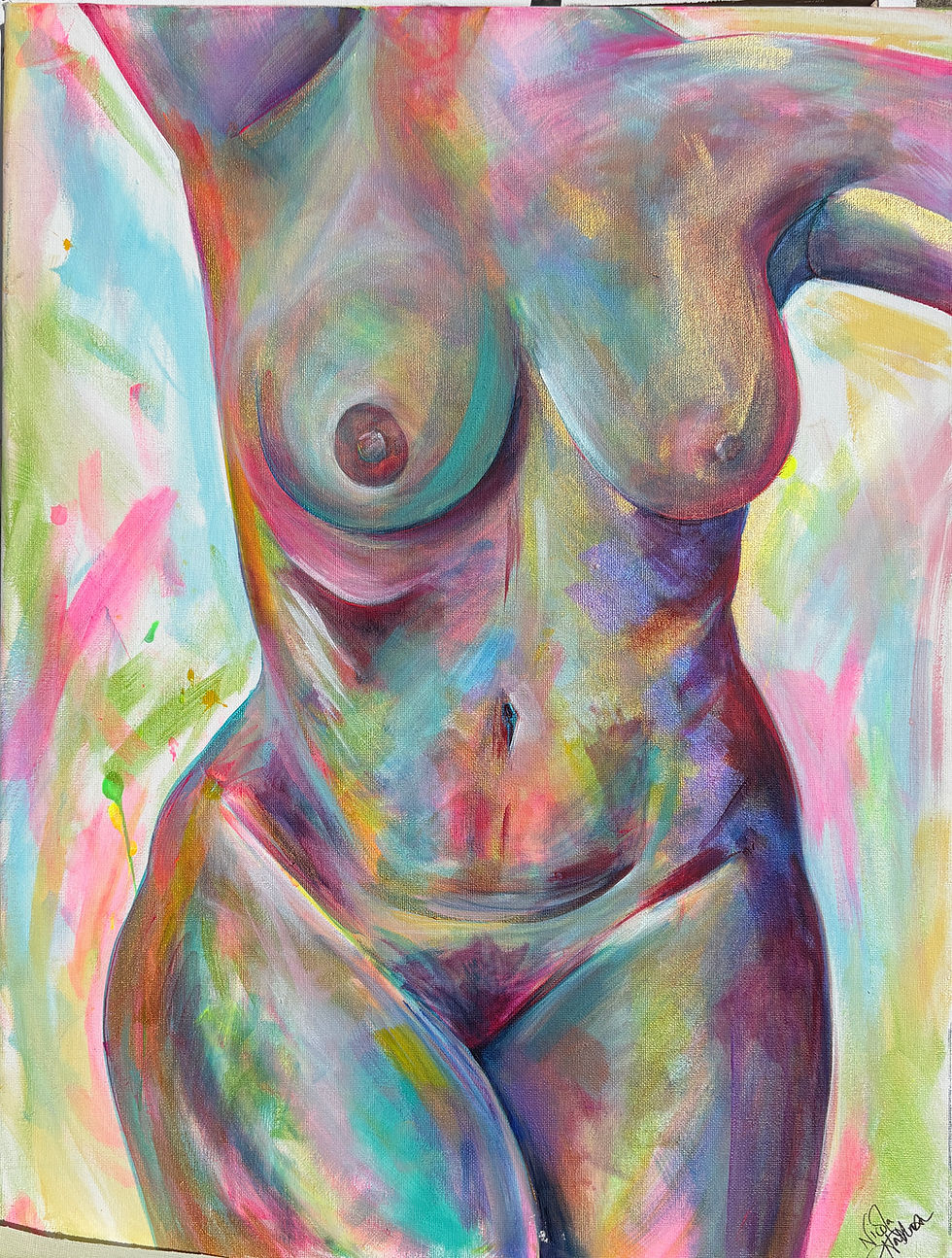Colorful abstract painting of a female torso.