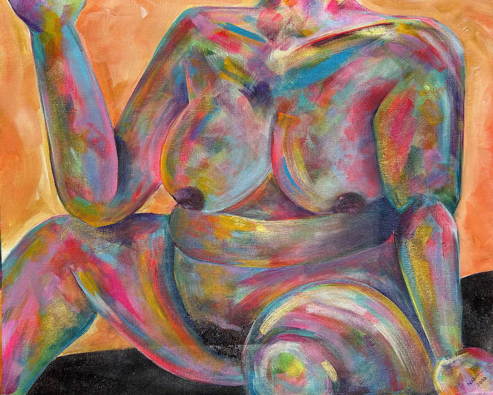 Colorful abstract painting of a seated nude female body.