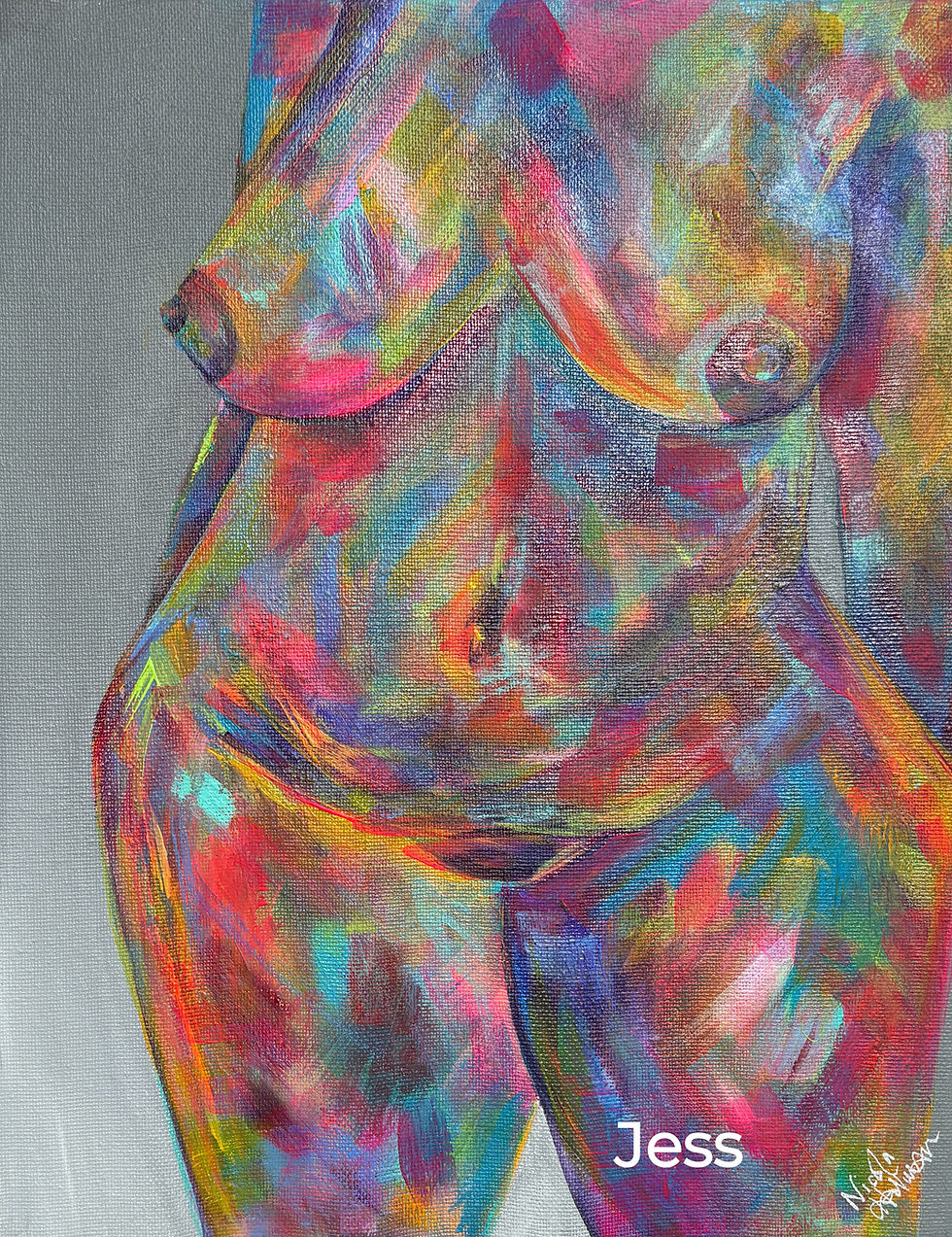 Thumbnail: Colorful abstract painting of a female torso, titled Jess.