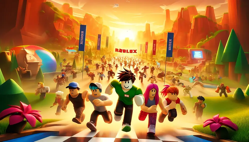 robloxキャラクターとクリエイターがゴールを目指して走っている