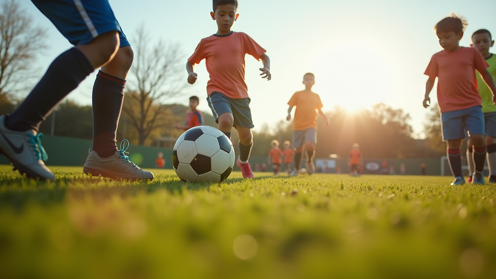 Eye-level view of children playing soccer on a field