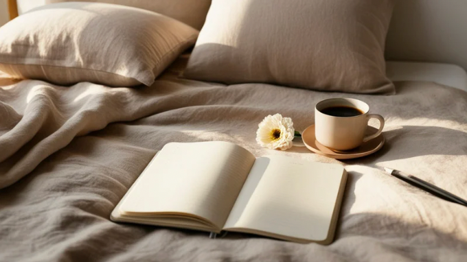 An open journal on a bed with coffee and sunlight streaming in