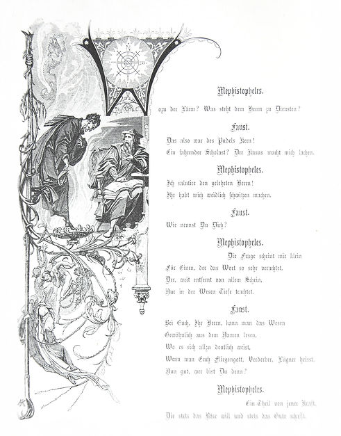 Classic illustration depicting the devil Mephisto is persuading Faust to follow him, drawn