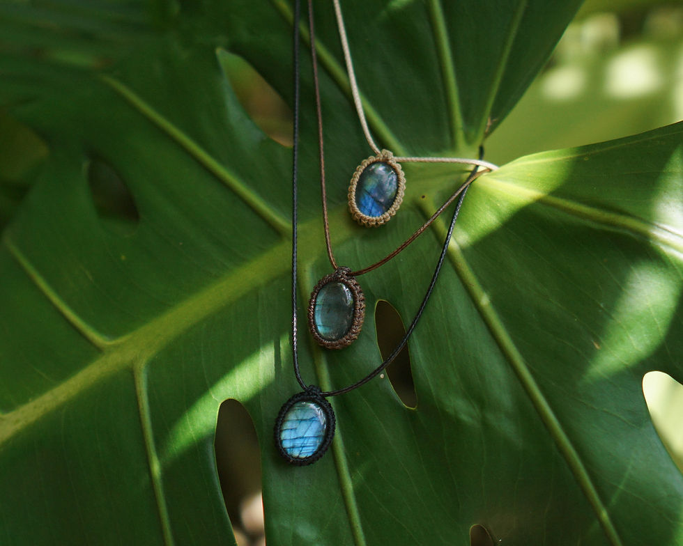 Three labradorite stone pendants on black, beige, and brown cords rest on a large green leaf, with sunlight casting soft shadows.