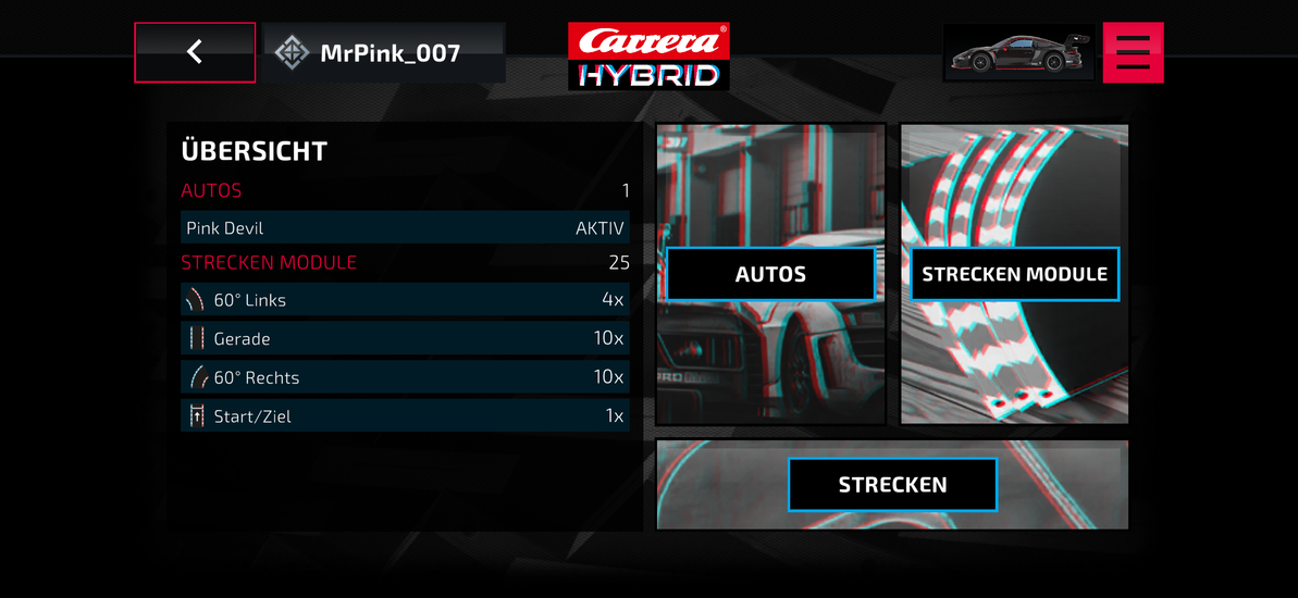 Carrera Hybrid App - Übersicht Inventar Strecken und Autos