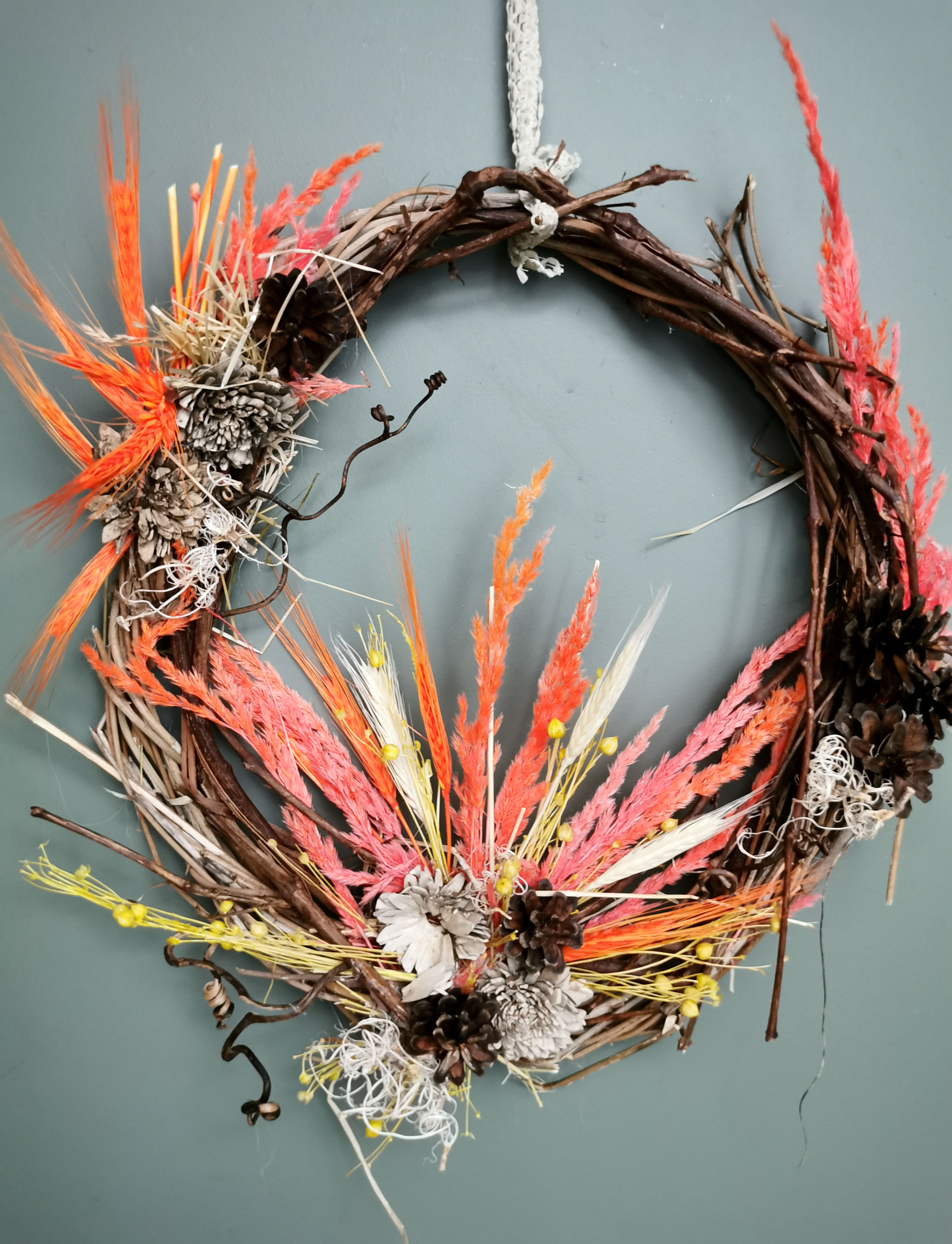Colorful grass and forest wreath Sustainable home accent decor