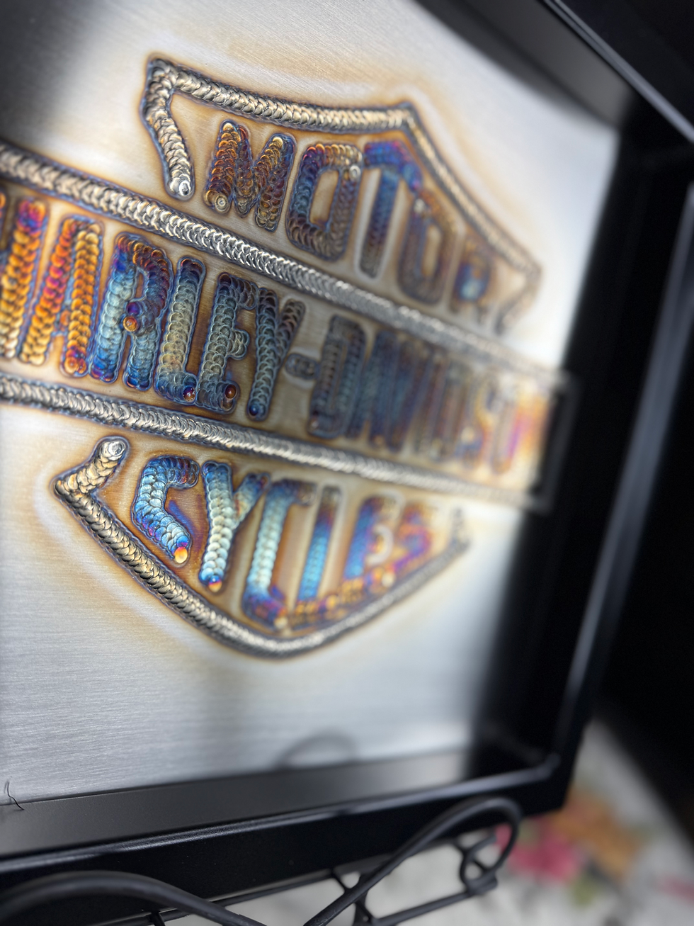 Thumbnail: Original Harley Davidson Motorcycles logo in tig GTAW weld art with contrasting colors harley davidson view