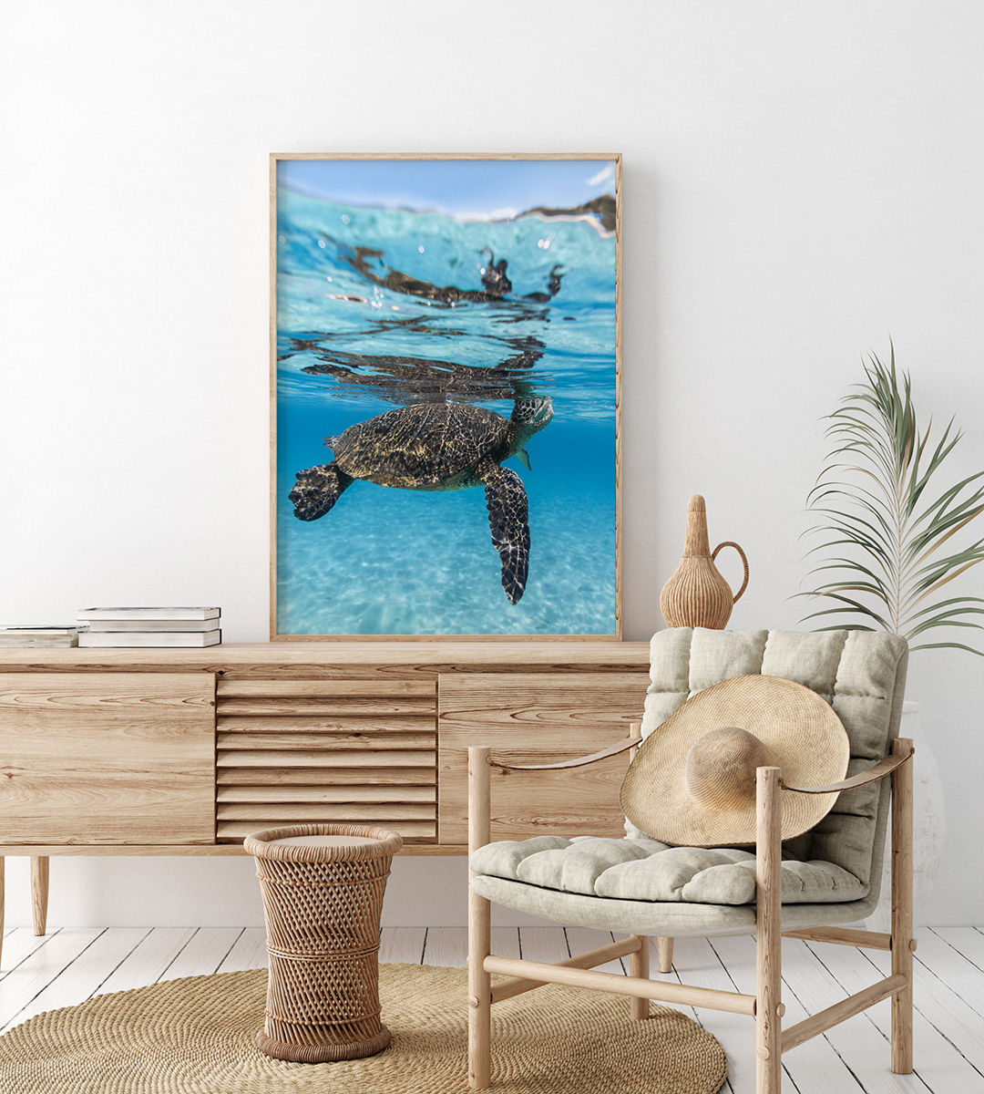 Hawaiian Sea Turtle Photography Print for Coastal Beach House Wall Decor