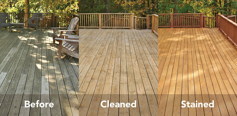Triple image of a deck: left side weathered, center cleaned, right stained. Text reads: Before, Cleaned, Stained. Trees in background.