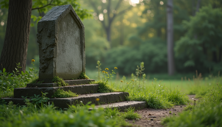 Eye-level view of a weathered stone monument surrounded by greenery