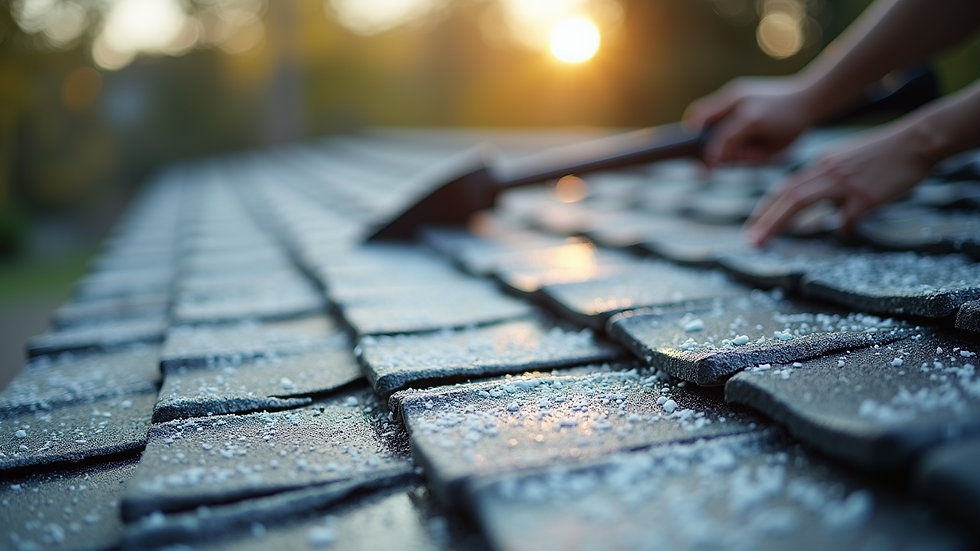 Close-up view of roof shingles being cleaned with soft washing technique