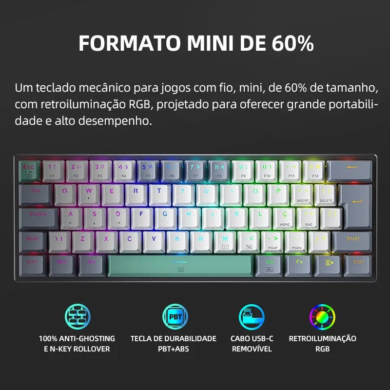 Miniatura: Machenike K500-B61 Mini Mechanical Keyboard 60% ABNT2 Layout RGB