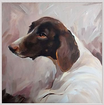 Photograph of a pet portrait in a white frame
