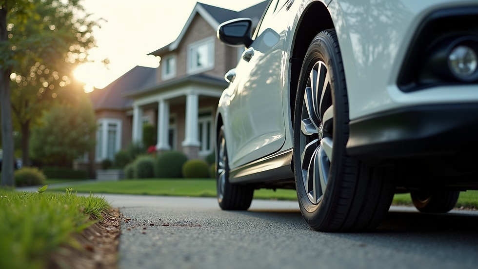 Eye-level view of a clean car parked outside a residential home