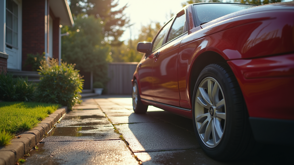 High angle view of a clean car parked outside a home after mobile detailing