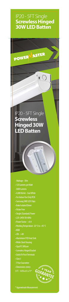 Thumbnail: LED IP20 30W 5ft (1500mm) Screwless Hinged Single Batten