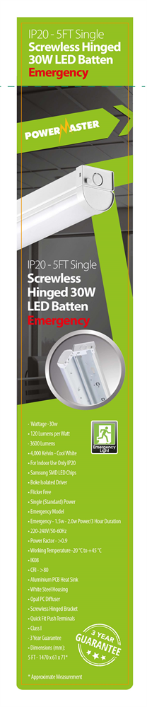 Thumbnail: EMERGENCY LED IP20 30W 5ft (1500mm) Screwless Hinged Single Batten