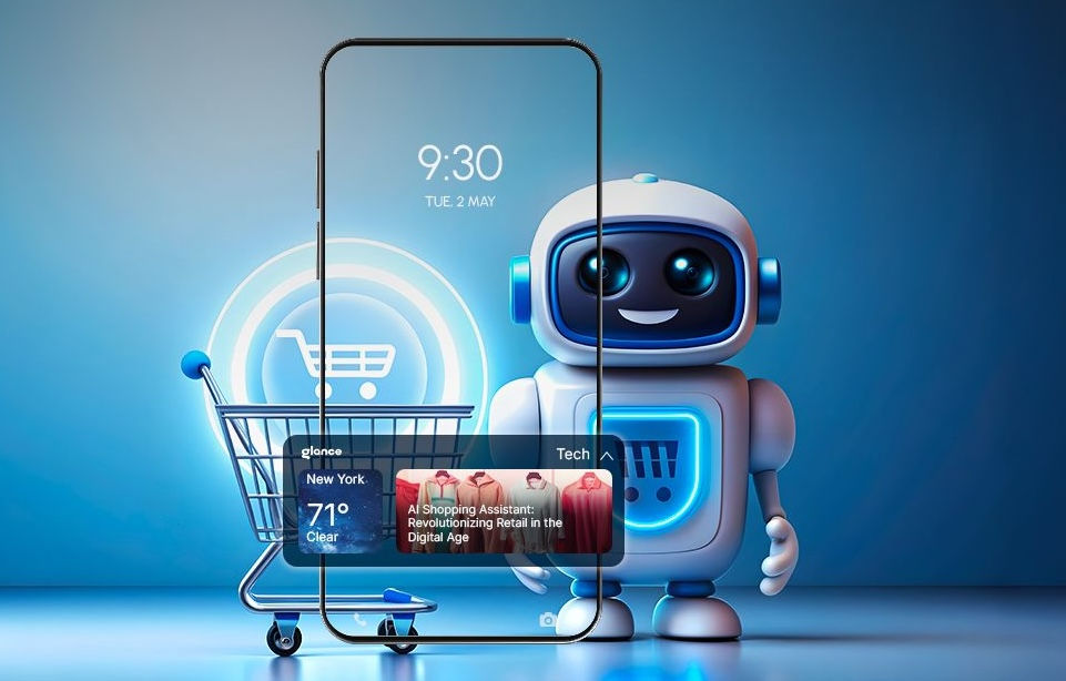 A friendly white robot with glowing blue accents stands beside a shopping cart and a smartphone displaying an AI shopping assistant interface, set against a blue gradient background