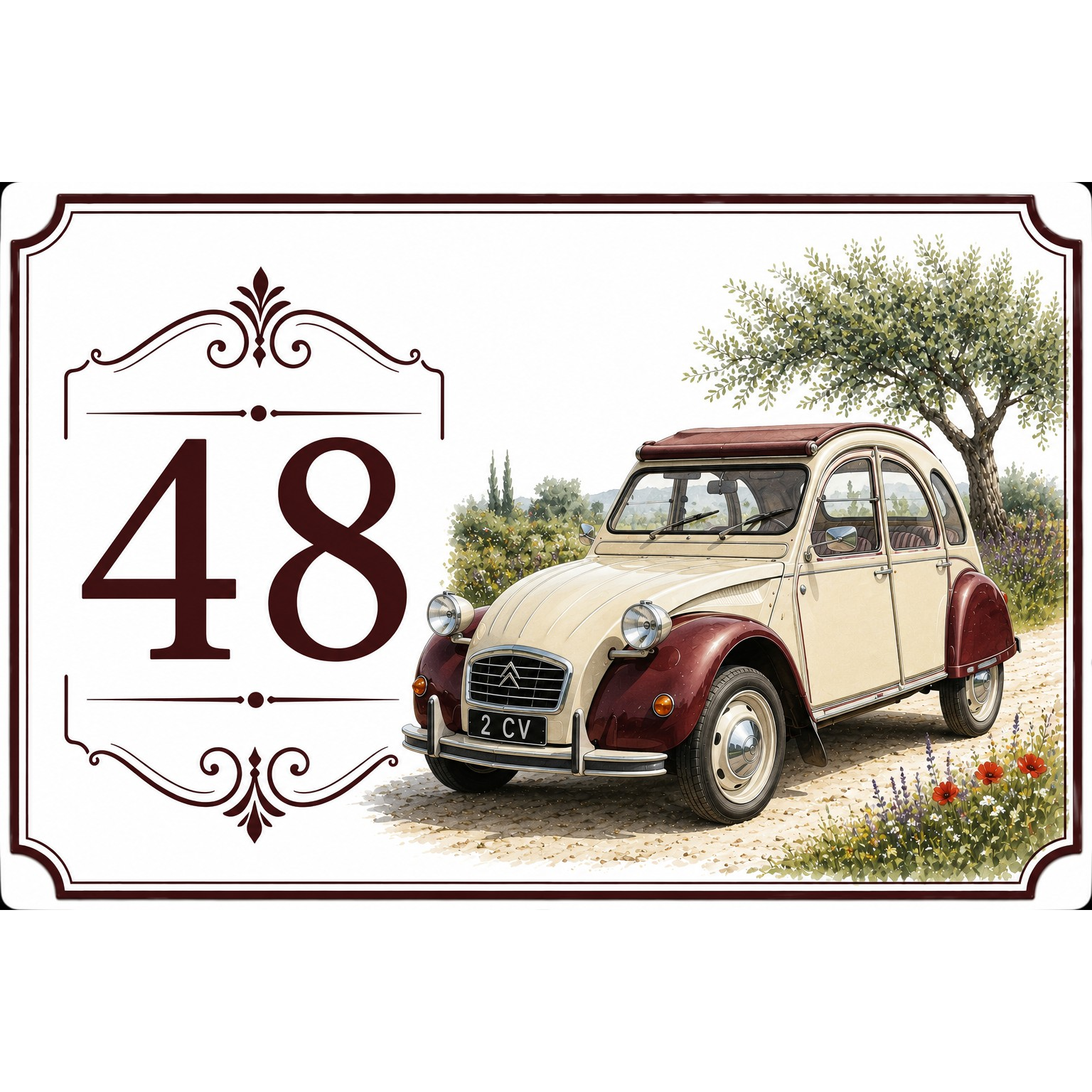 Numéro de maison rectangulaire personnalisé en céramique – Collection Passion Moteur avec Citroën 2CV blanche et rouge.