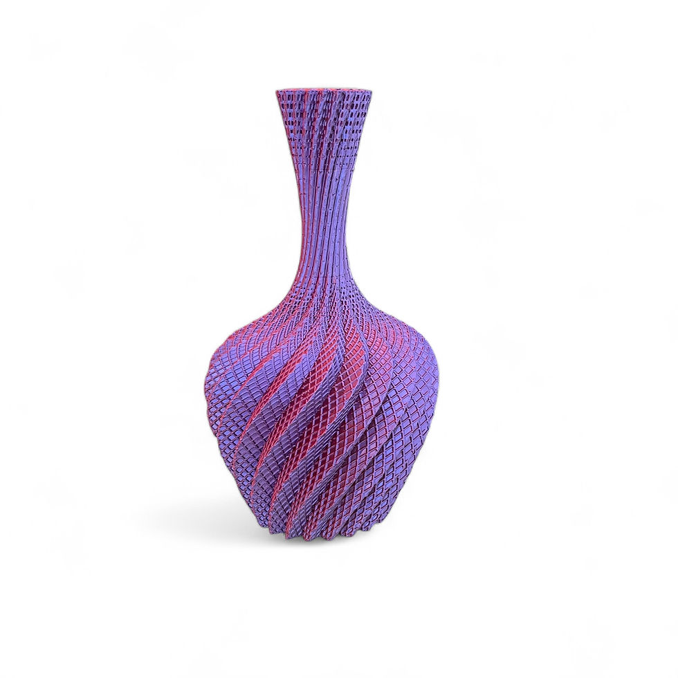 Vase imprimé en 3D, collection Laos, modèle Salsa, aux nuances rouge, doré, orangé et violet, vu de face.