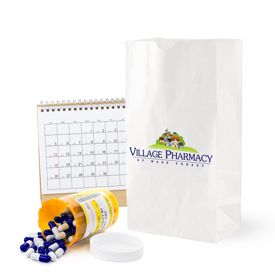 pharmacy bag, pills, and calendar