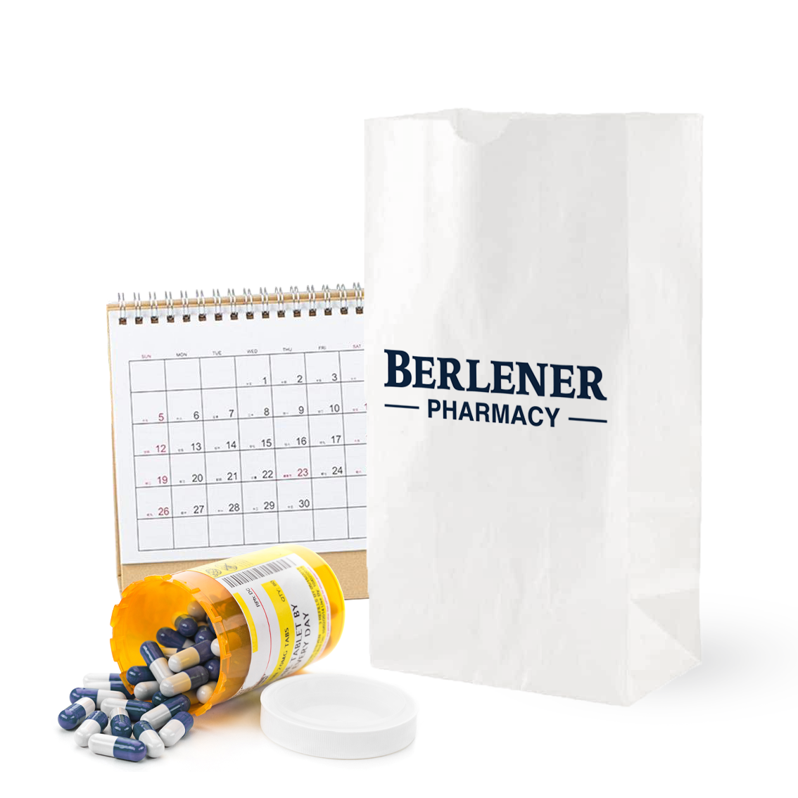 Berlener Pharmacy rx bag with pill vial and calendar
