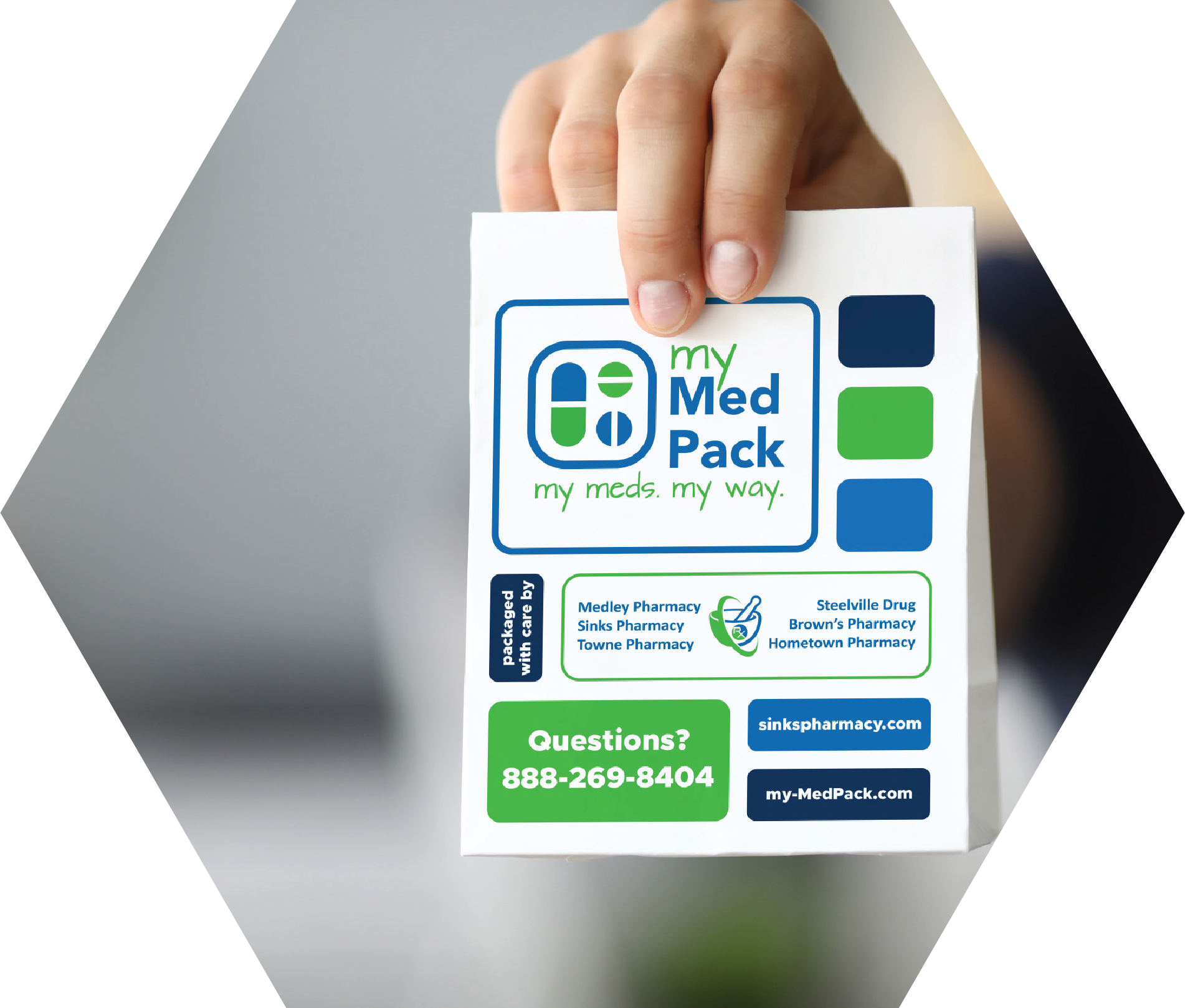 hand holding branded prescription bag