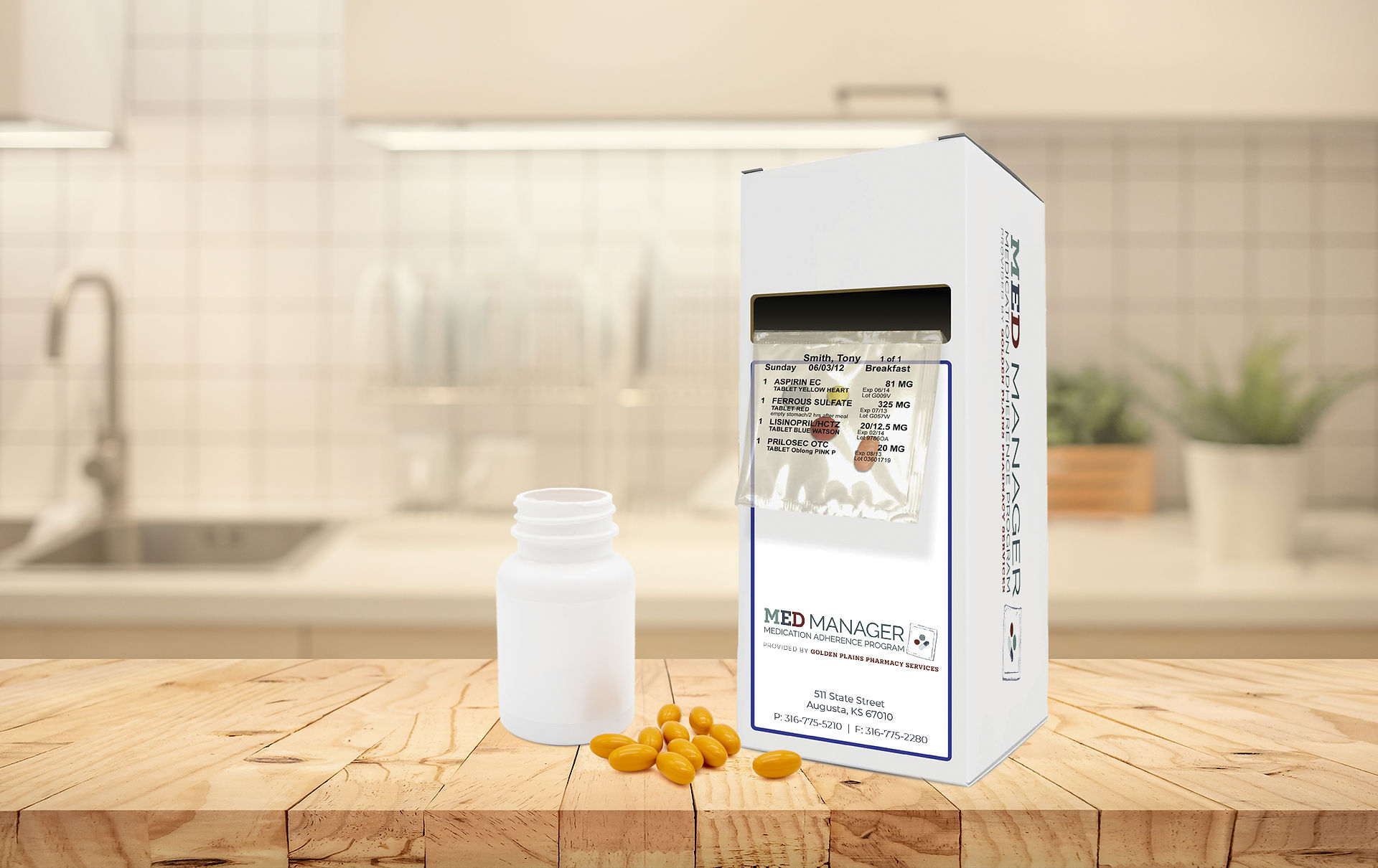 MED Manager box on kitchen counter with pill bottle