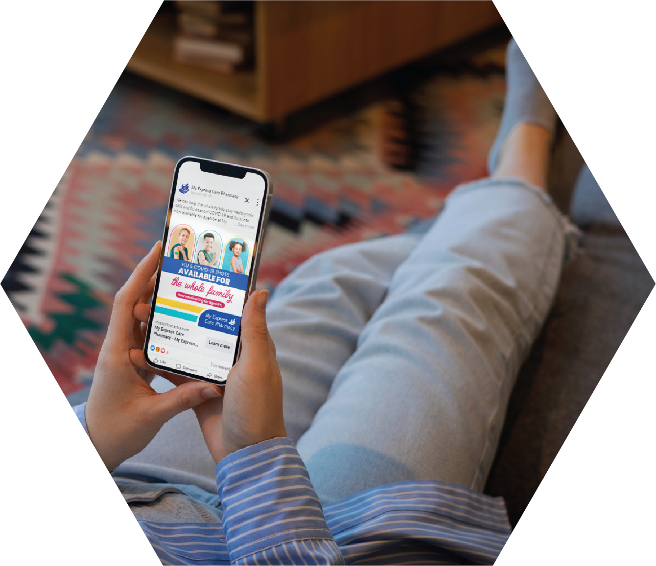 Person sitting on couch scrolling on pharmacy'ssocial media