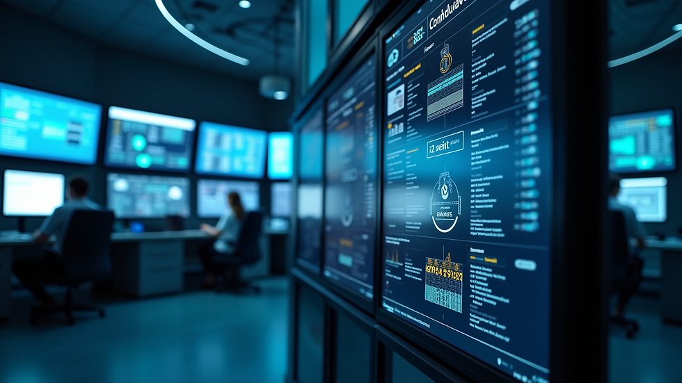 Close-up view of a network operations center with multiple screens displaying system status